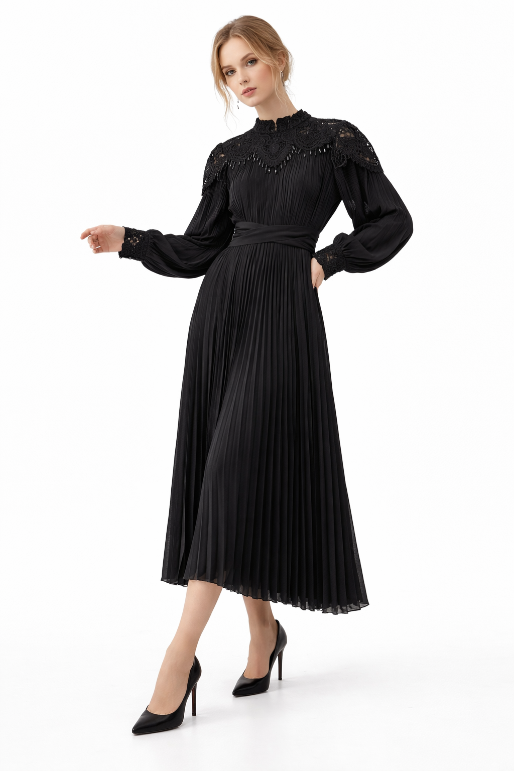 pleated midi dress with lace yoke and tie waist – AZURÉE
