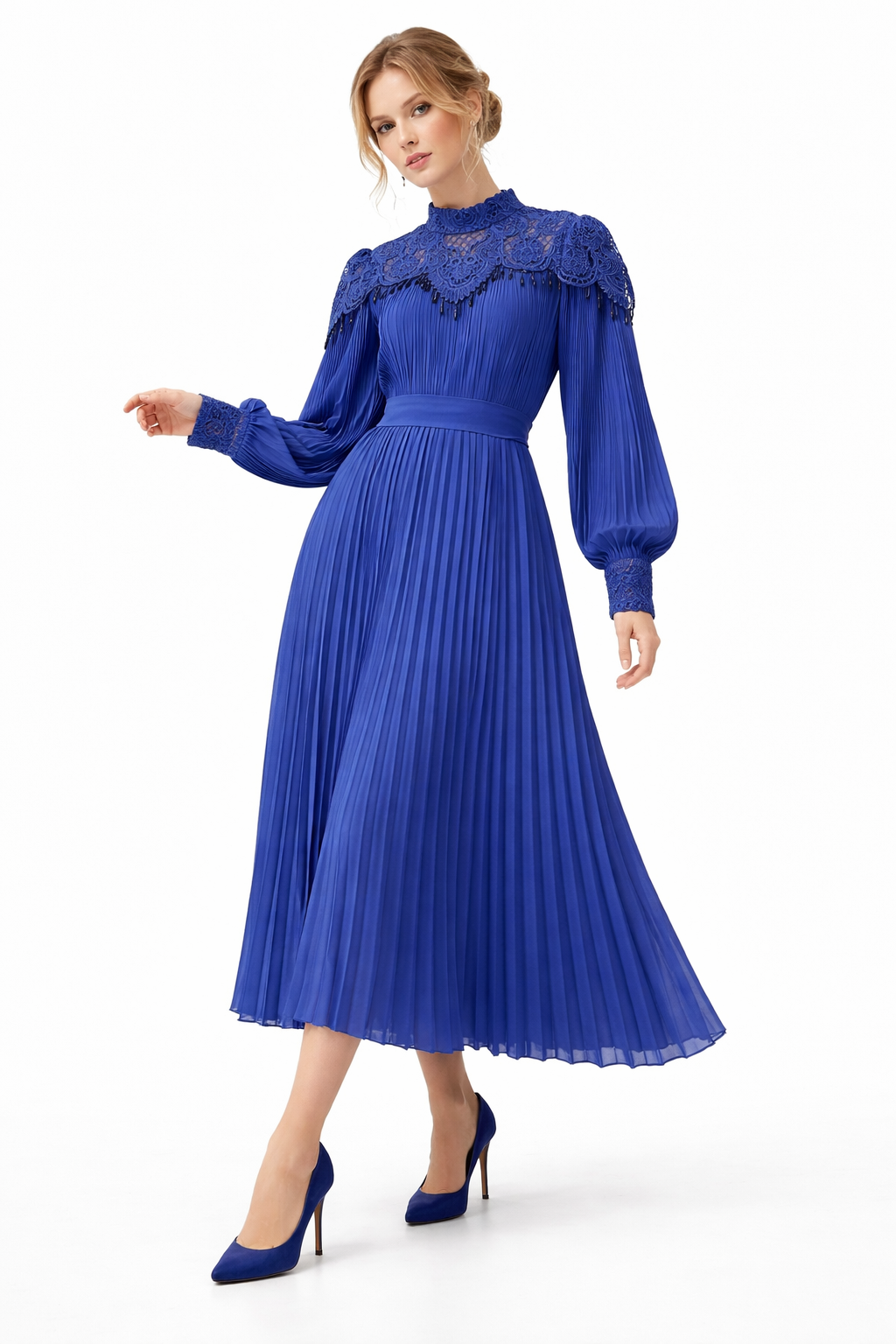 pleated midi dress with lace yoke and tie waist – AZURÉE