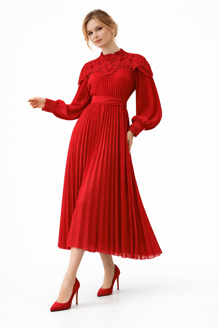 pleated midi dress with lace yoke and tie waist – AZURÉE