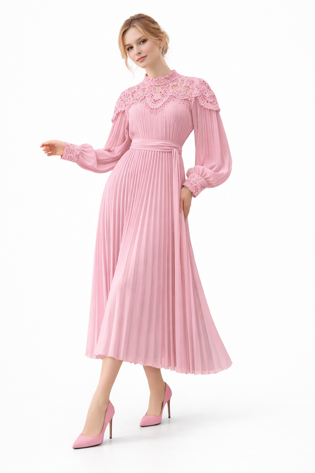 pleated midi dress with lace yoke and tie waist – AZURÉE