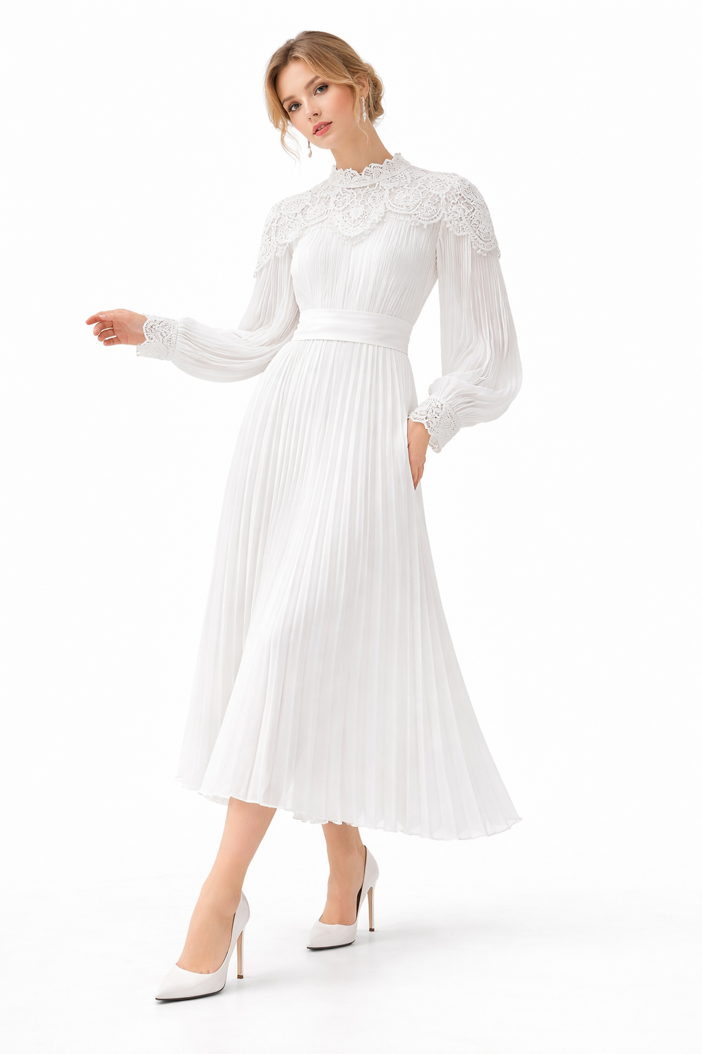 pleated midi dress with lace yoke and tie waist – AZURÉE