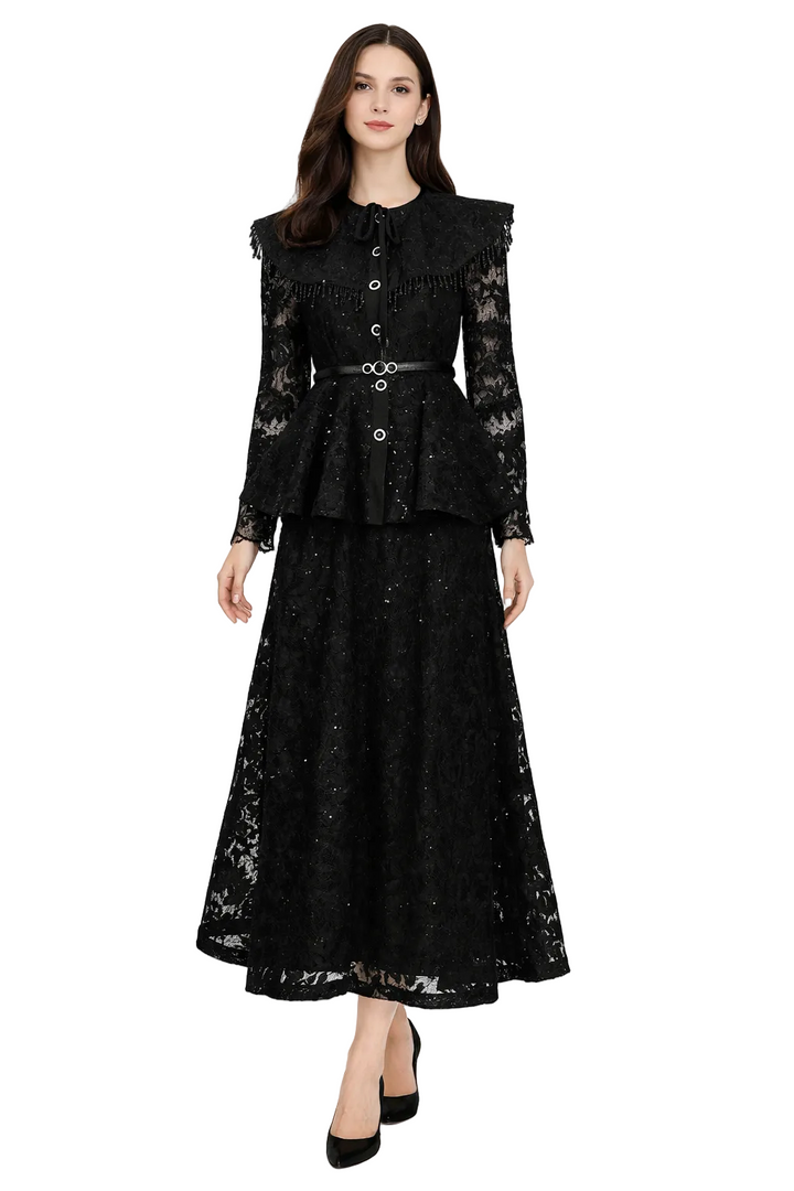 lace peplum maxi dress with vintage collar – ZEYAD
