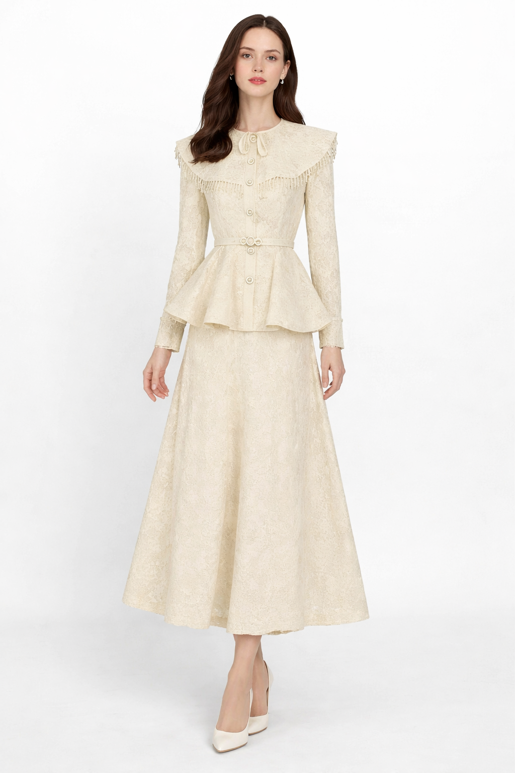 lace peplum maxi dress with vintage collar – ZEYAD