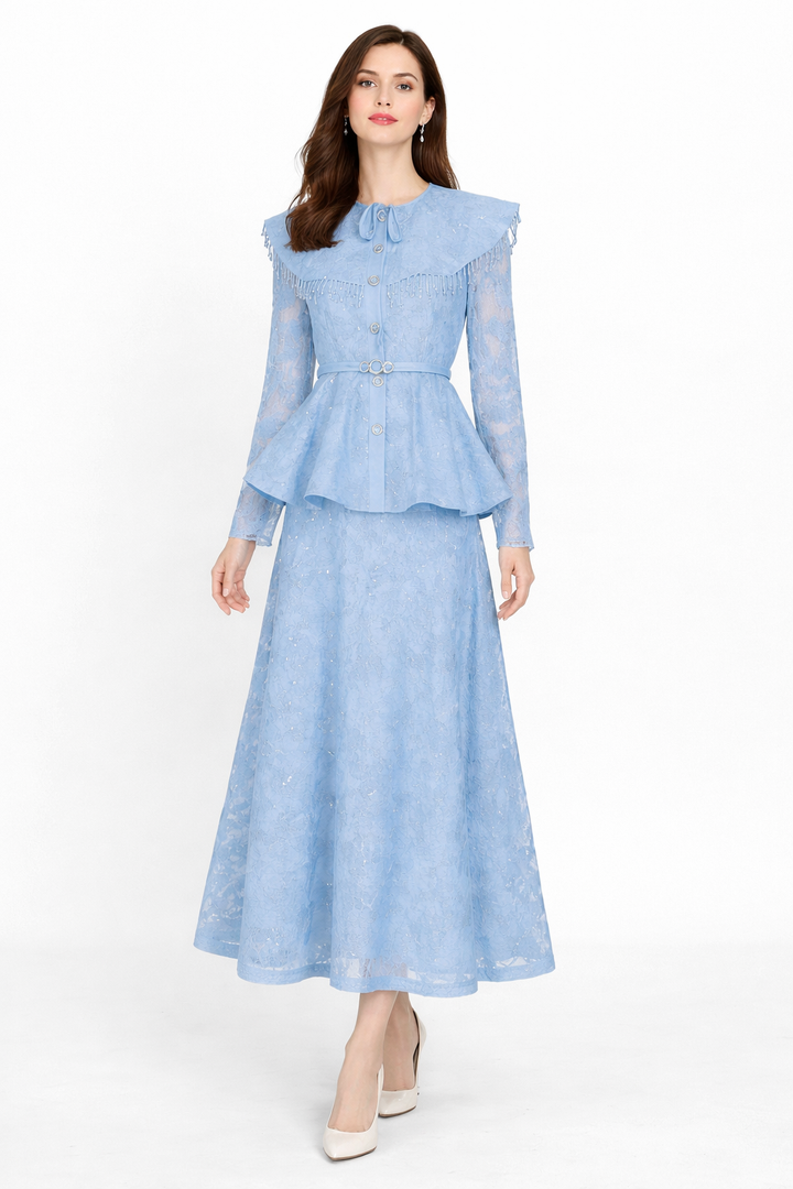 lace peplum maxi dress with vintage collar – ZEYAD
