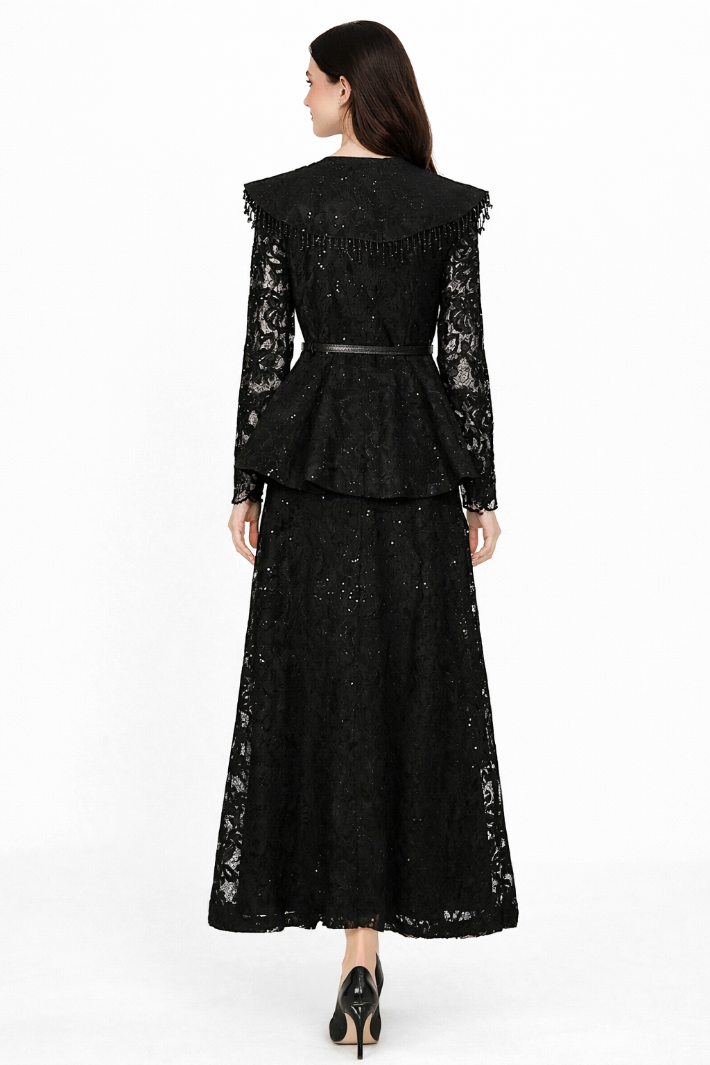 lace peplum maxi dress with vintage collar – ZEYAD