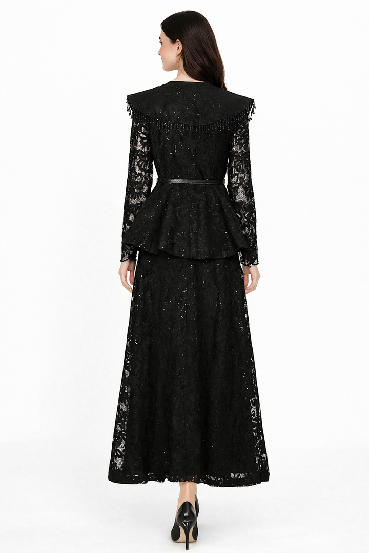 lace peplum maxi dress with vintage collar – ZEYAD