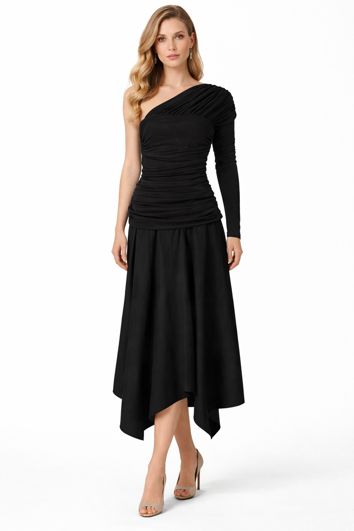 one-shoulder ruched midi dress with asymmetrical hem – AZURE