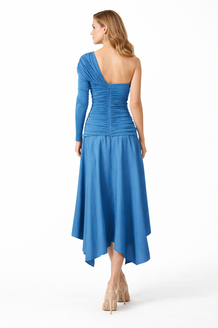 one-shoulder ruched midi dress with asymmetrical hem – AZURE