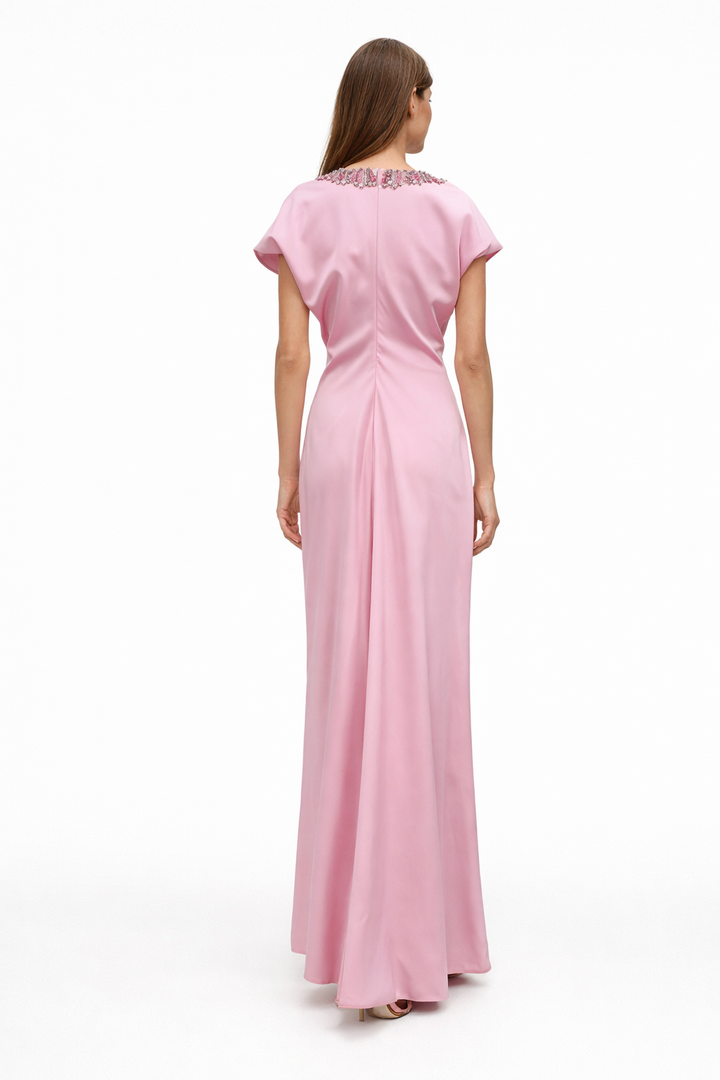 Embellished Neckline Short-Sleeve Column Evening Dress – ROSÉ