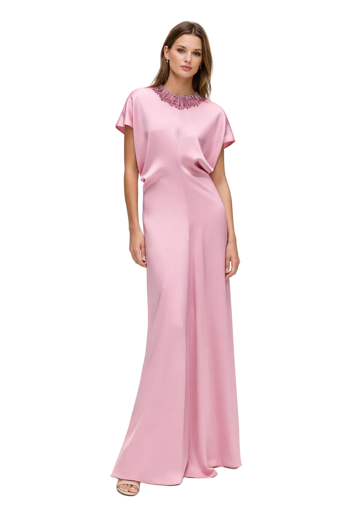 Embellished Neckline Short-Sleeve Column Evening Dress – ROSÉ
