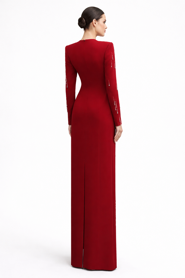 Long-Sleeve Embellished Column Evening Dress – CRIMSON