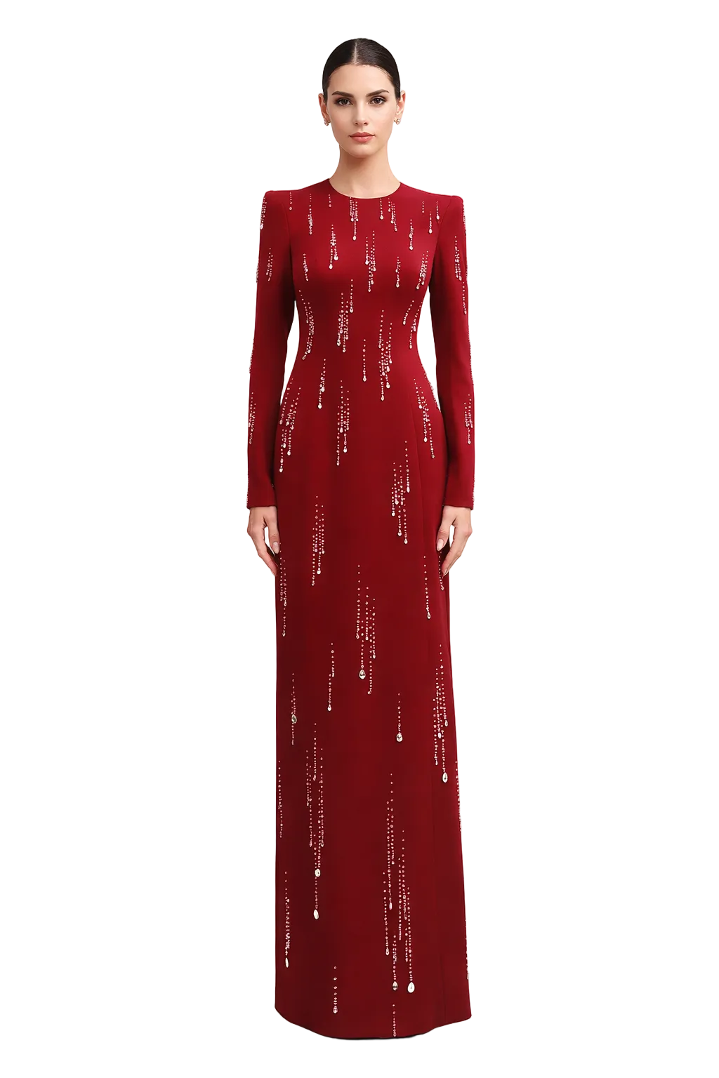 Long-Sleeve Embellished Column Evening Dress – CRIMSON