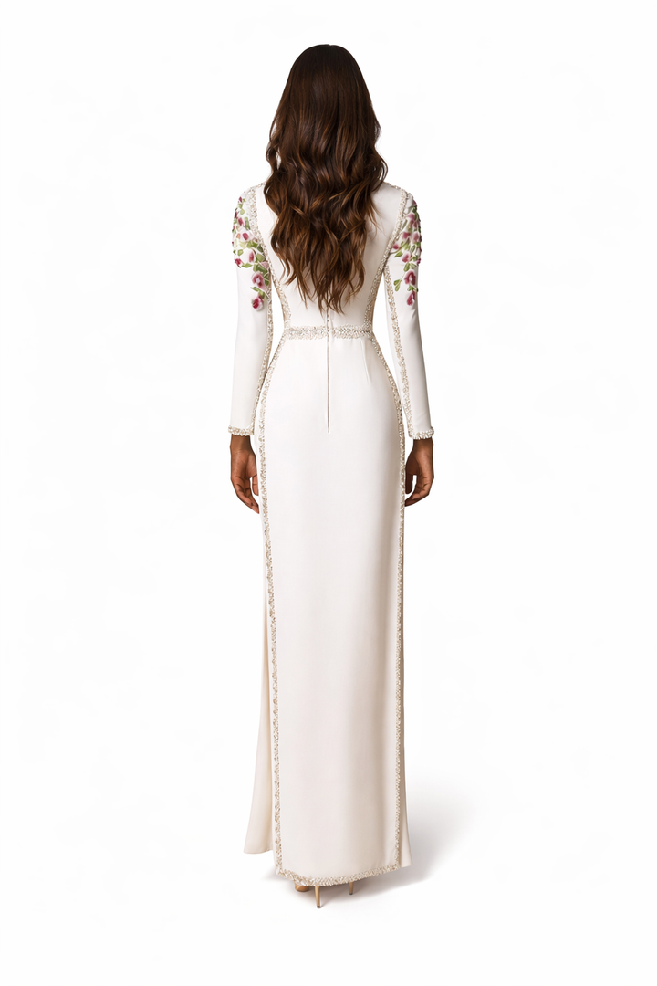 Floral-Embroidered Long-Sleeve Column Evening Dress – IVORY