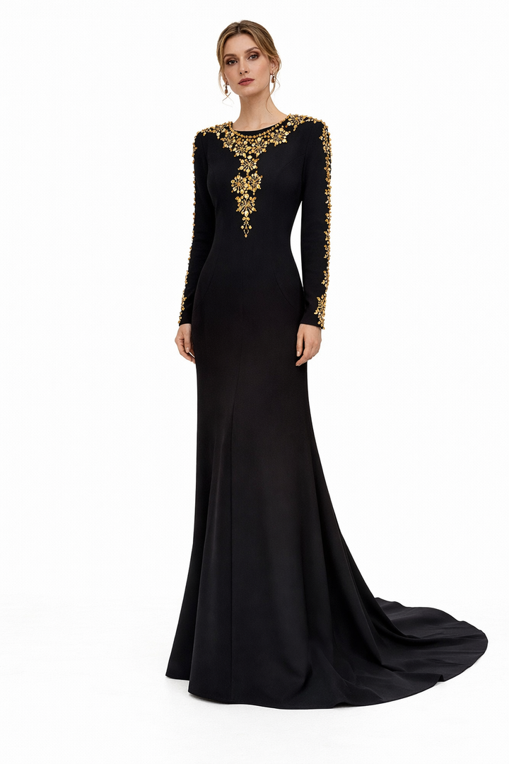 long-sleeve mermaid gown with gold embellishment neckline – ESAM