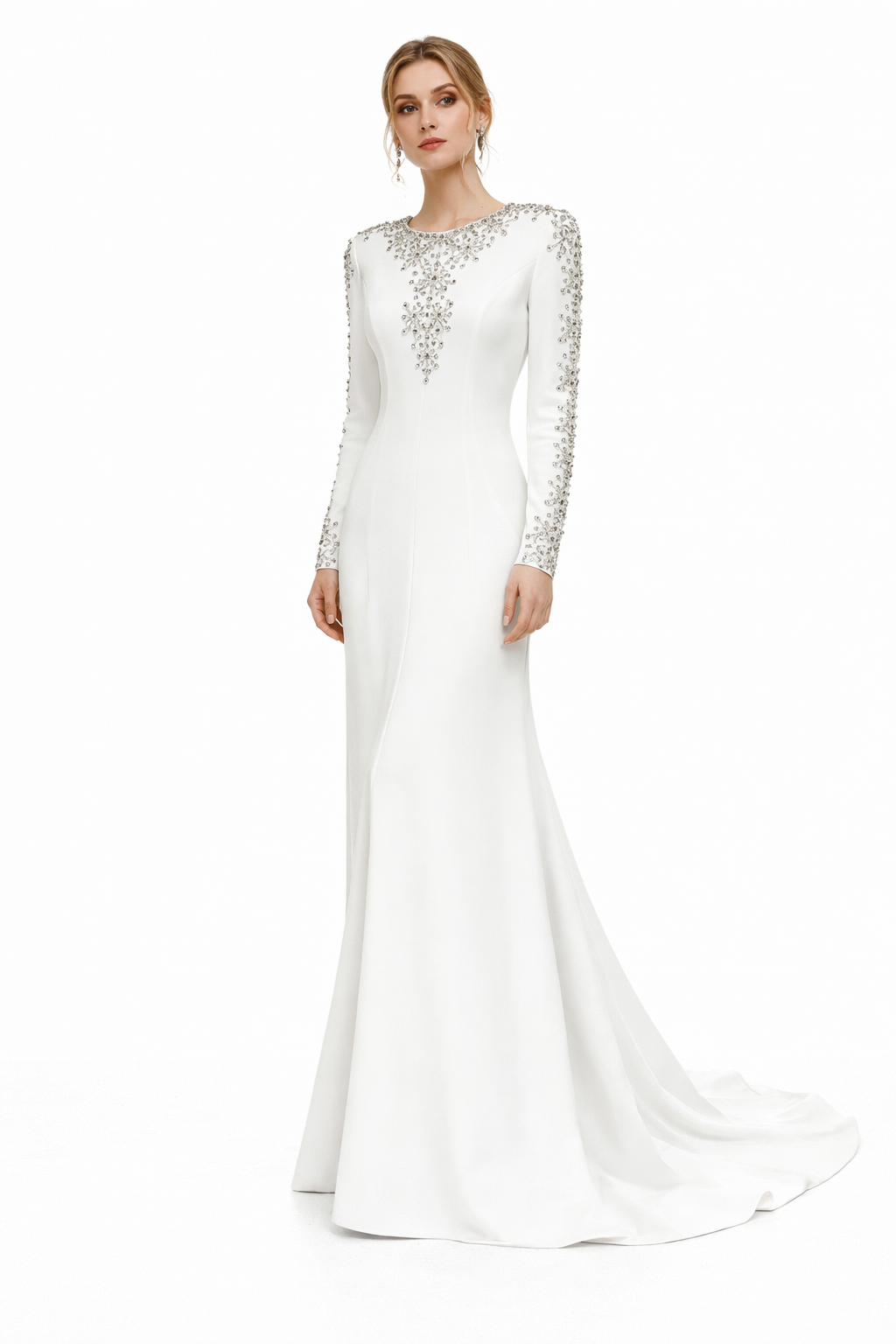 long-sleeve mermaid gown with gold embellishment neckline – ESAM