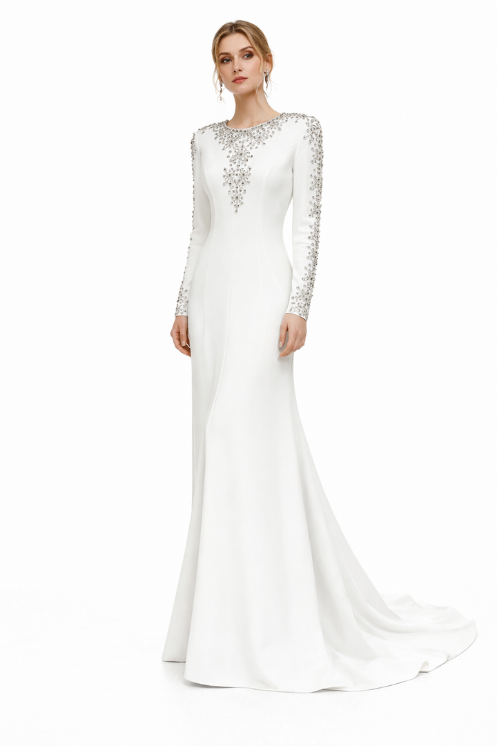 long-sleeve mermaid gown with gold embellishment neckline – ESAM