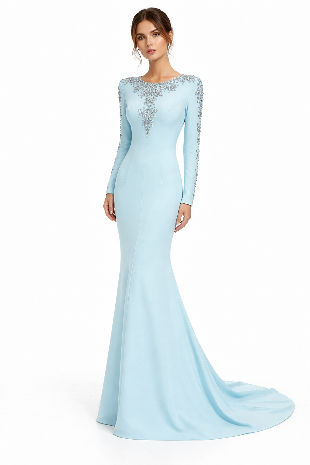 long-sleeve mermaid gown with gold embellishment neckline – ESAM