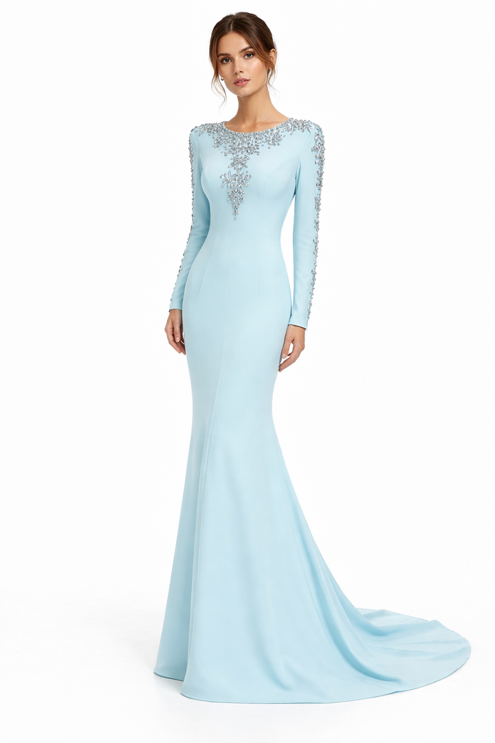 long-sleeve mermaid gown with gold embellishment neckline – ESAM
