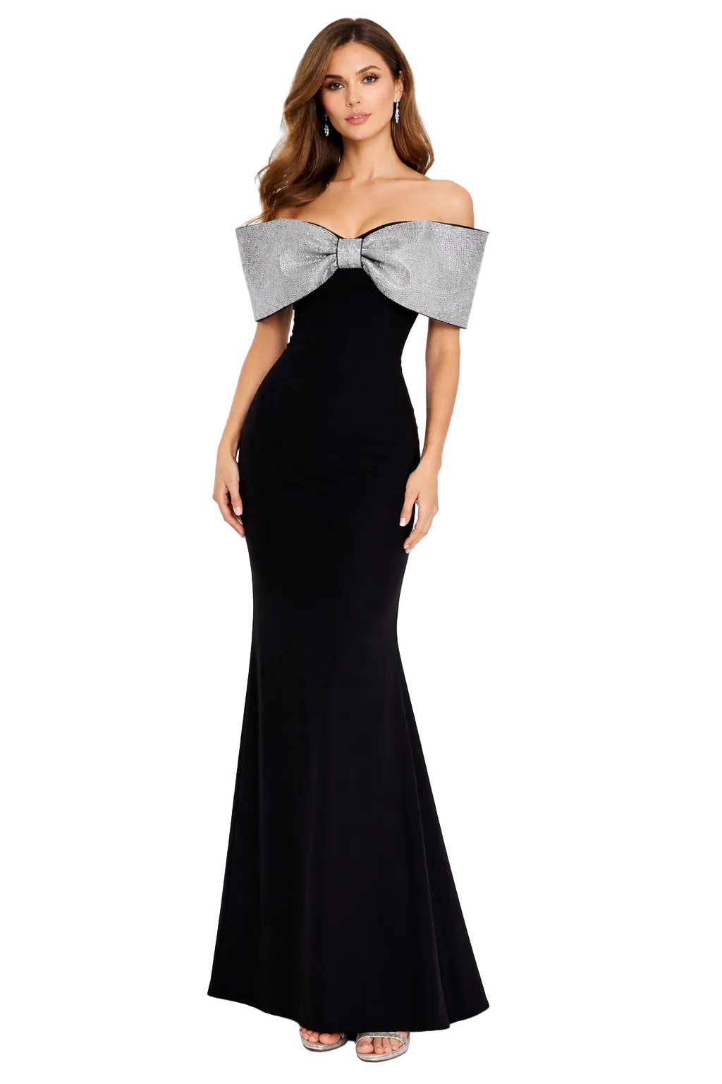 off-shoulder column gown with metallic bow neckline – AURORA