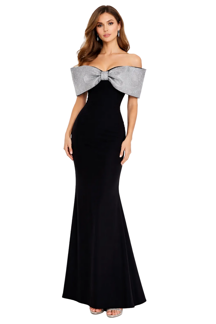 off-shoulder column gown with metallic bow neckline – AURORA
