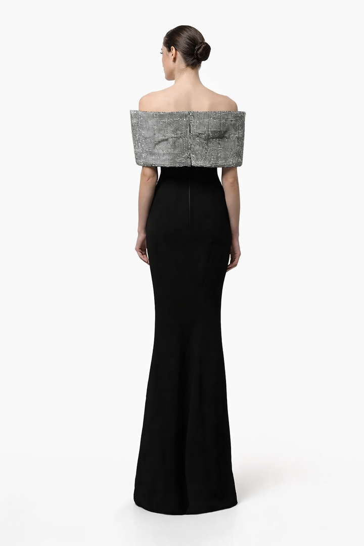 off-shoulder column gown with metallic bow neckline – AURORA
