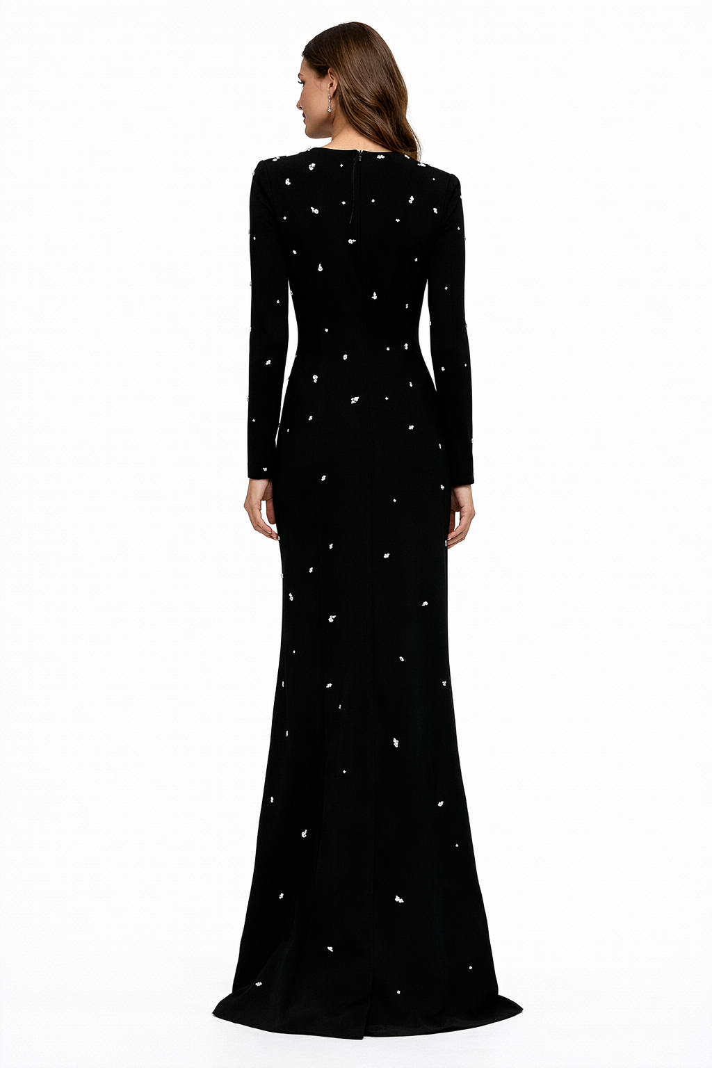 long-sleeve column dress with crystal embellishments – ELARA