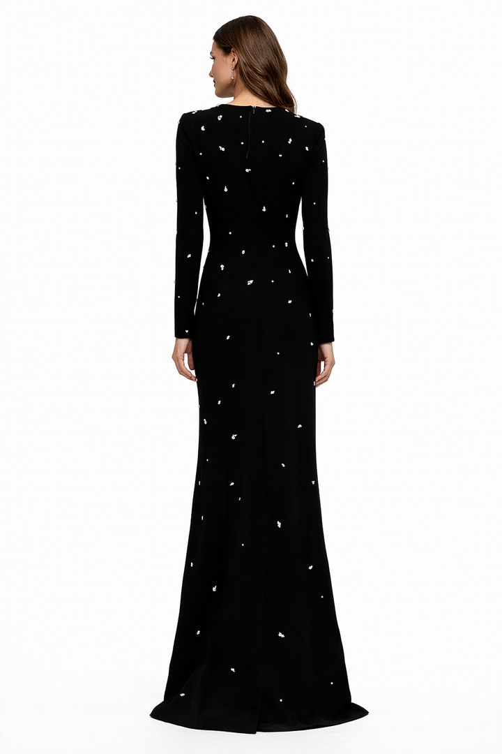 long-sleeve column dress with crystal embellishments – ELARA