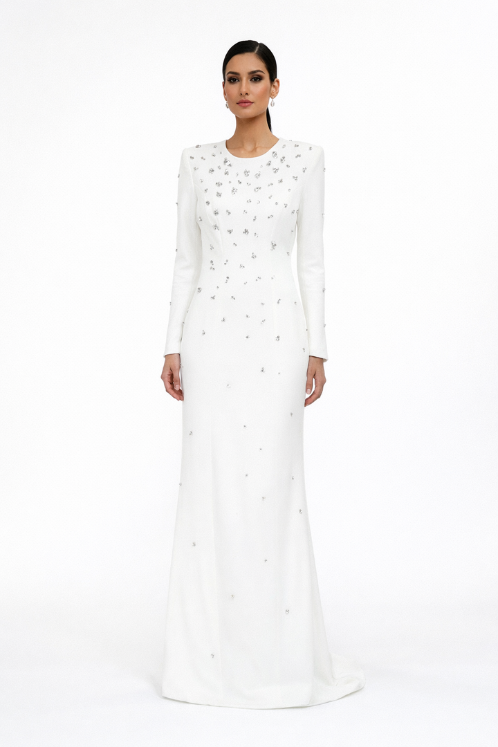 long-sleeve column dress with crystal embellishments – ELARA