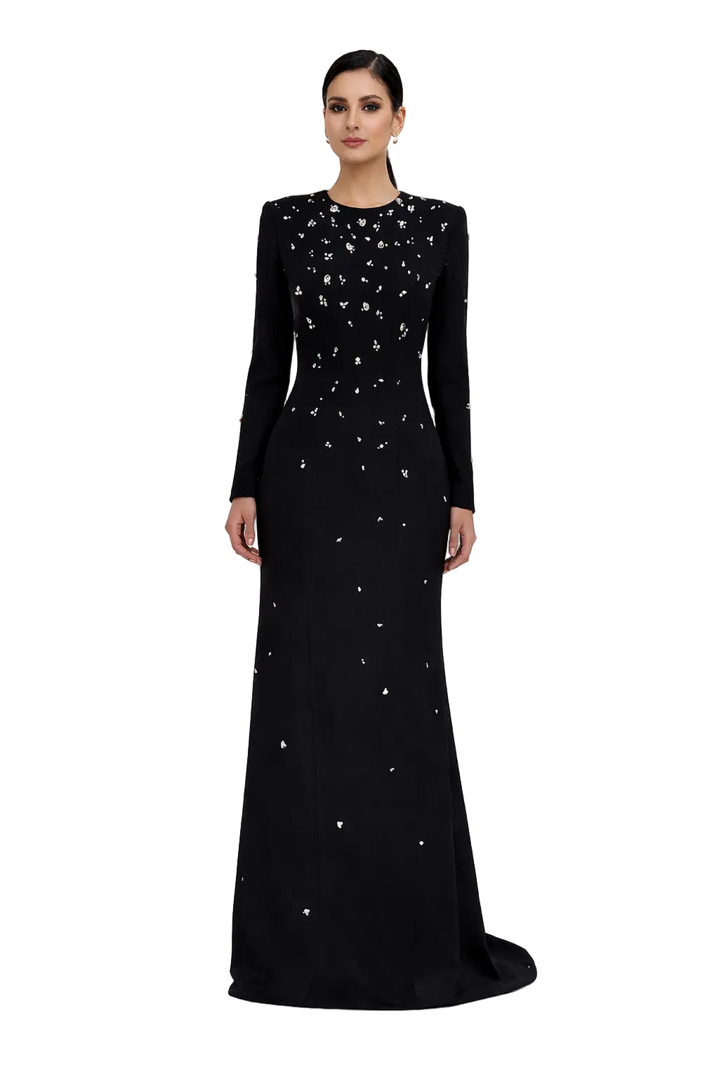 long-sleeve column dress with crystal embellishments – ELARA