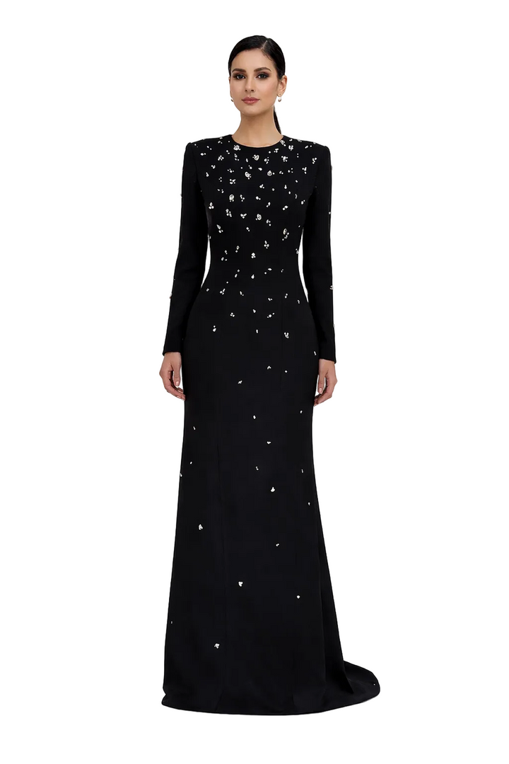 long-sleeve column dress with crystal embellishments – ELARA