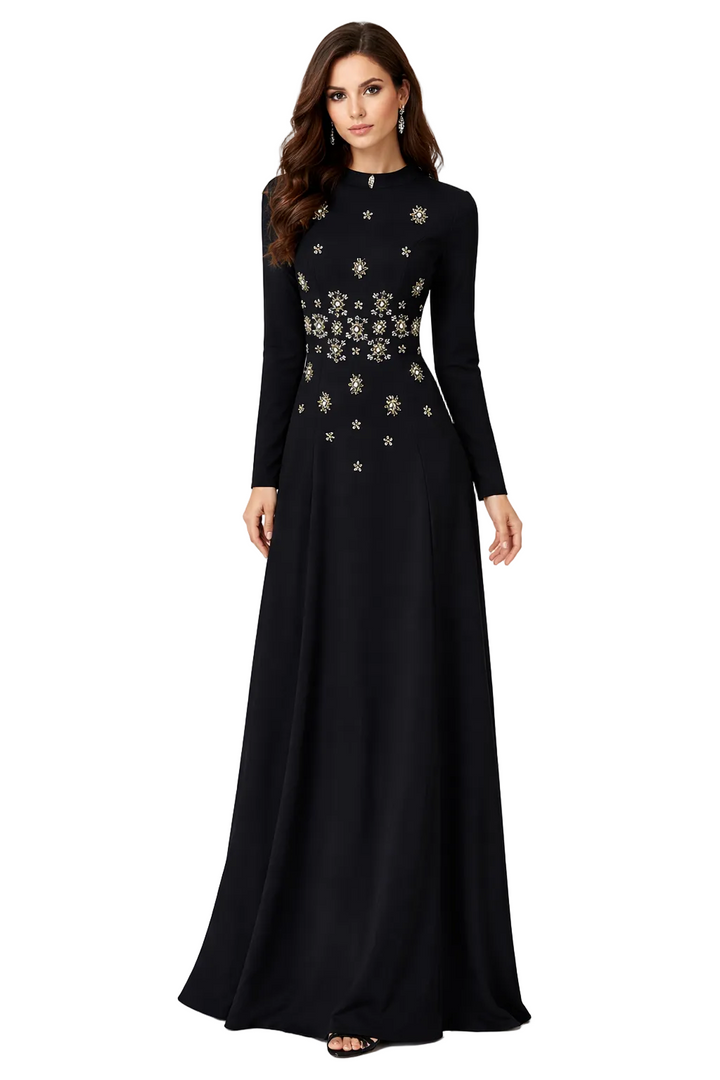 long-sleeve A-line gown with crystal floral embellishments – NOIRÉ