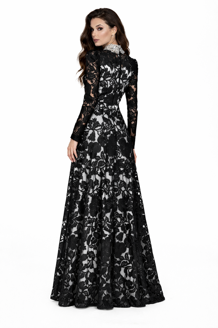 long-sleeve embroidered lace evening dress with pearl neckline – ELENA