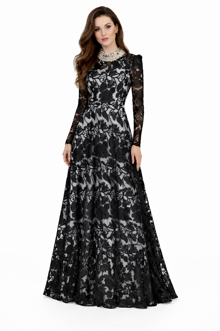 long-sleeve embroidered lace evening dress with pearl neckline – ELENA