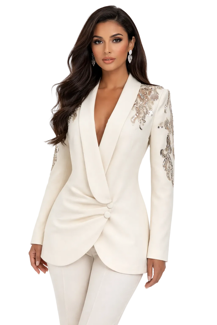 embellished tailored blazer with shawl lapel – IVORY