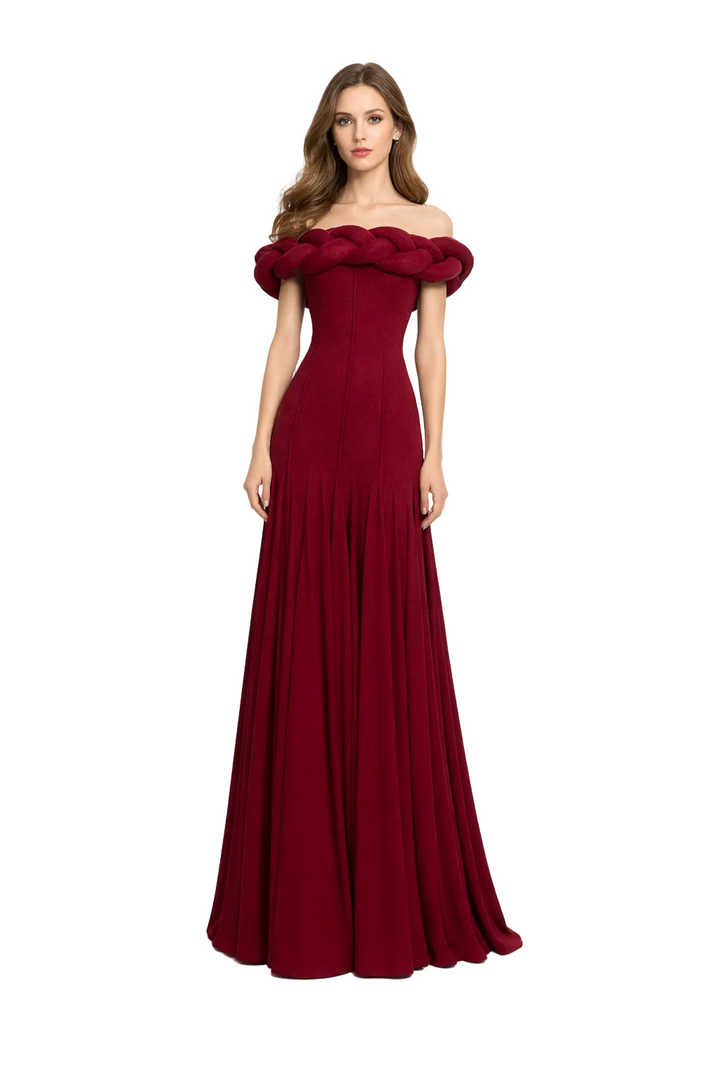 off-shoulder mermaid gown with braided neckline detail – BORDEAUX