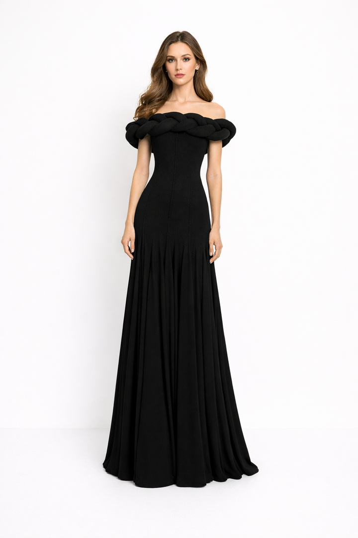 off-shoulder mermaid gown with braided neckline detail – BORDEAUX
