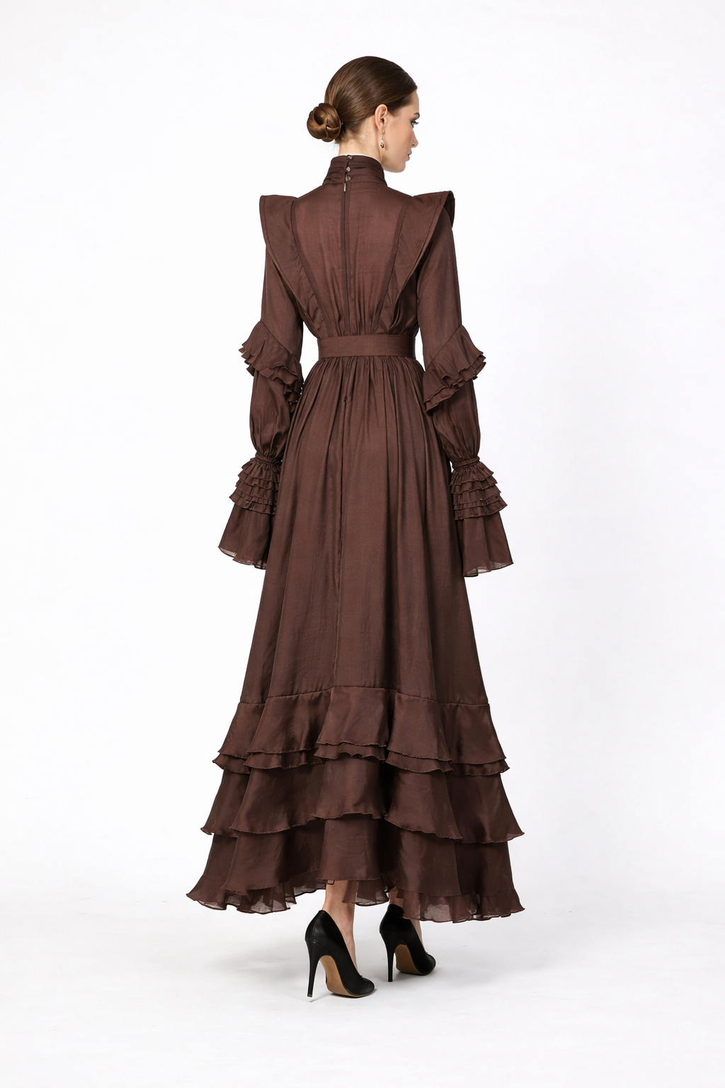 High-neck ruffled maxi dress with layered cuffs – ELARA