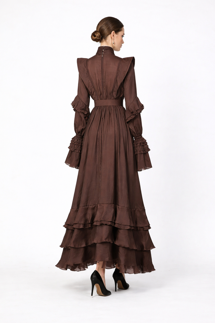 High-neck ruffled maxi dress with layered cuffs – ELARA