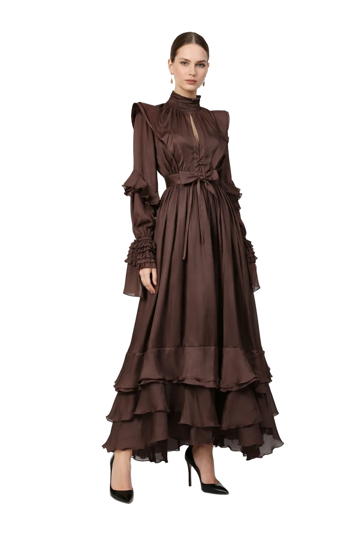 High-neck ruffled maxi dress with layered cuffs – ELARA