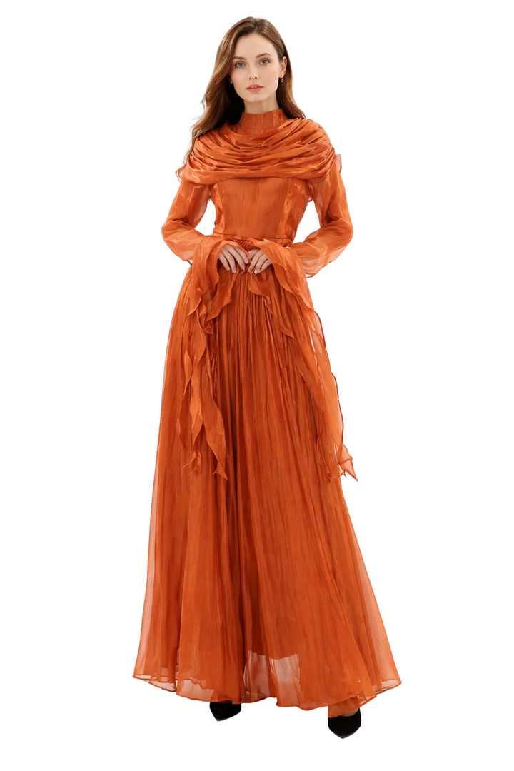 High-neck draped chiffon maxi dress with pleated skirt – AMARA