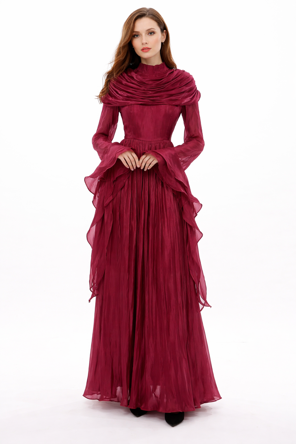 High-neck draped chiffon maxi dress with pleated skirt – AMARA