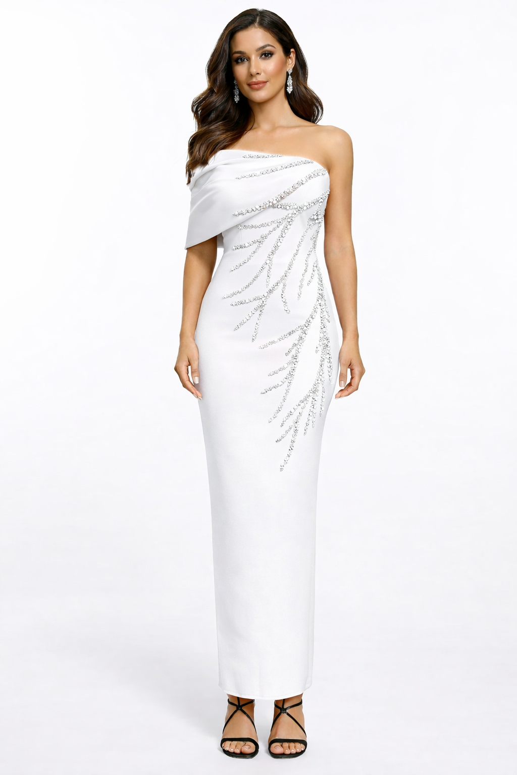 one-shoulder embellished column maxi dress with crystal branch detailing – SILVAE