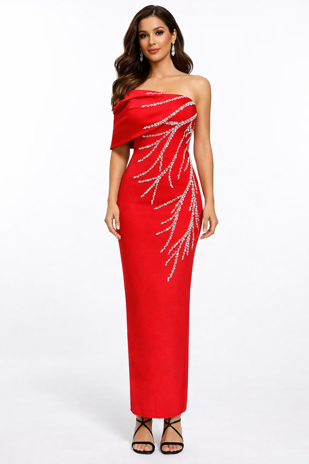 one-shoulder embellished column maxi dress with crystal branch detailing – SILVAE