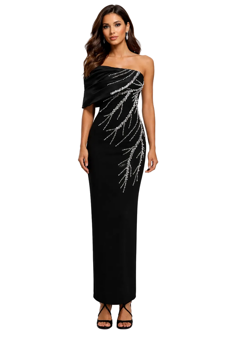 one-shoulder embellished column maxi dress with crystal branch detailing – SILVAE