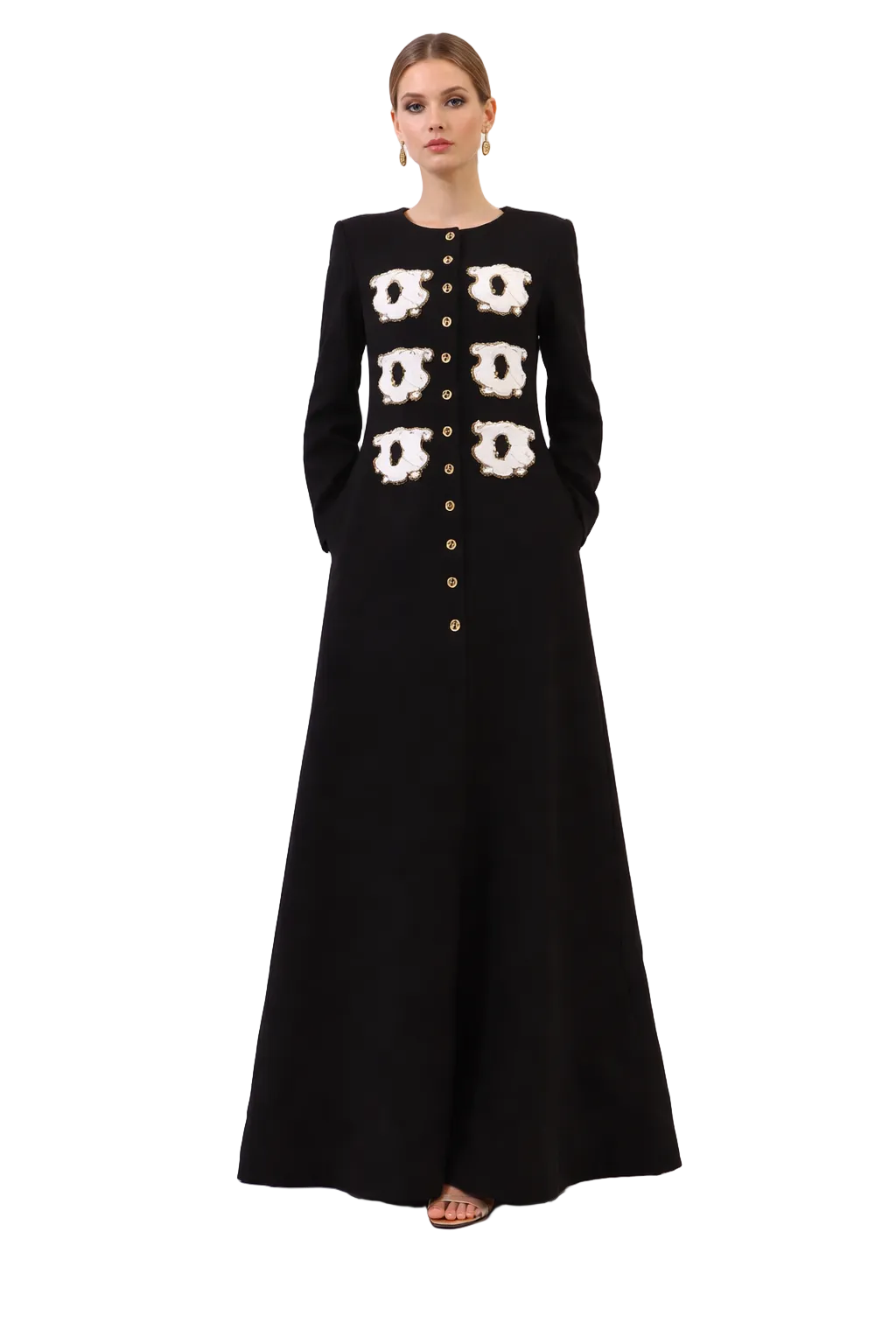long-sleeve button-front maxi dress with ornate embellishments – REGALIA