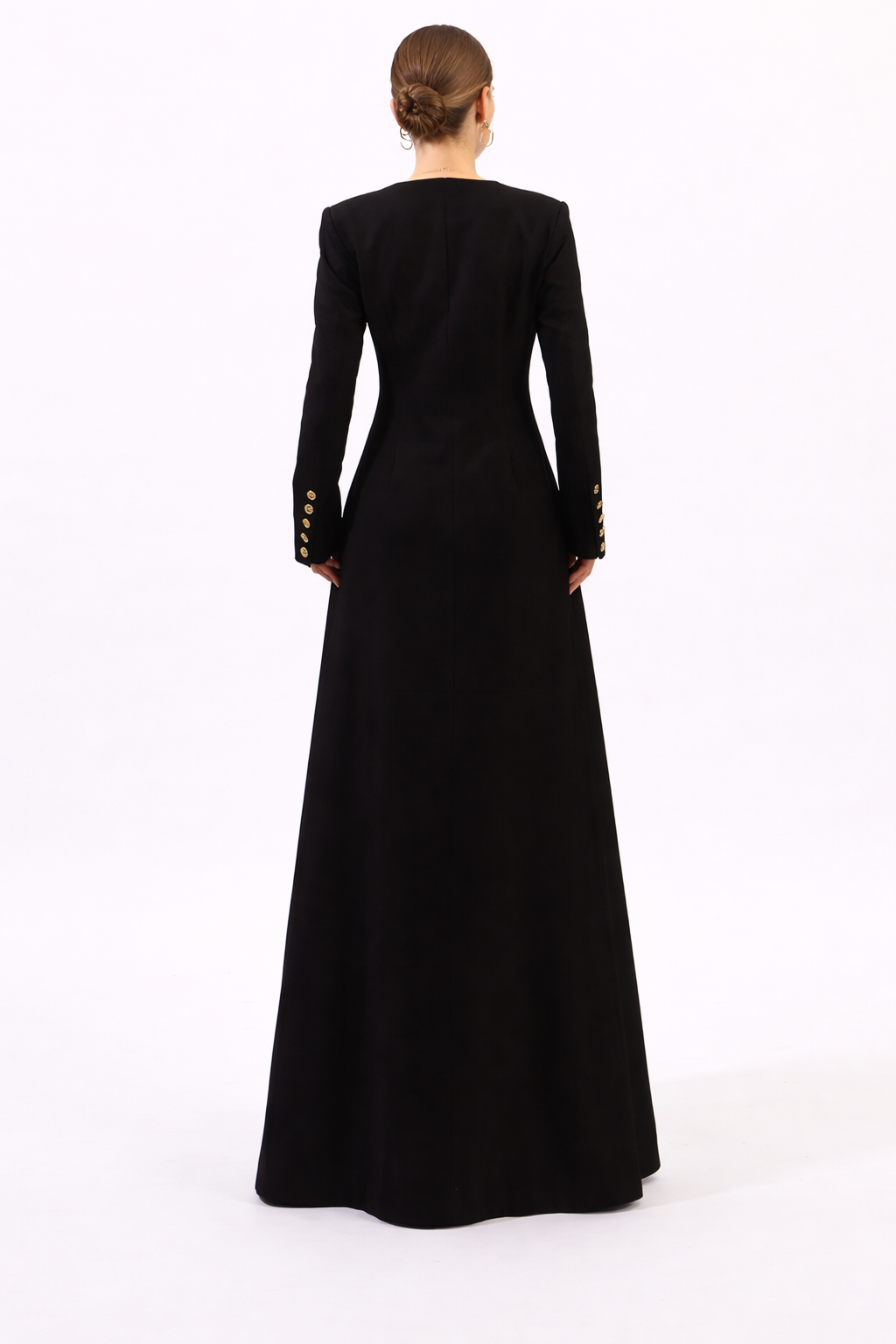 long-sleeve button-front maxi dress with ornate embellishments – REGALIA