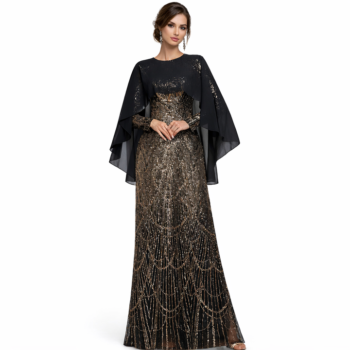 embellished sheer cape maxi dress with draped beading – CELESTE