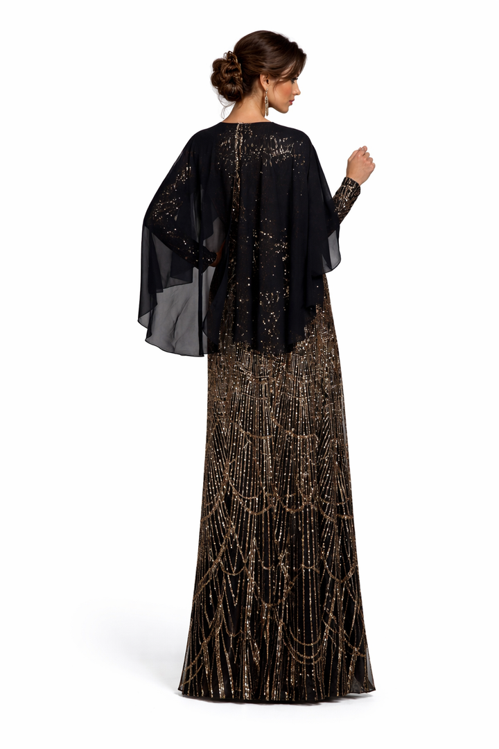 embellished sheer cape maxi dress with draped beading – CELESTE