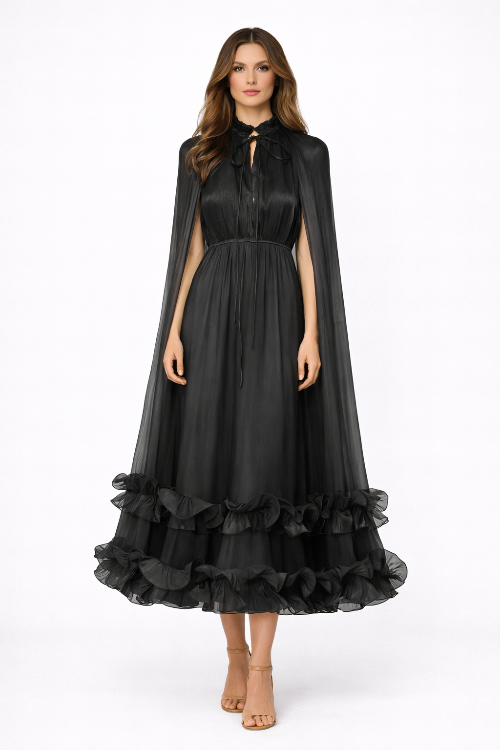 sheer pleated midi dress with cape sleeves and ruffled hem – AZURA