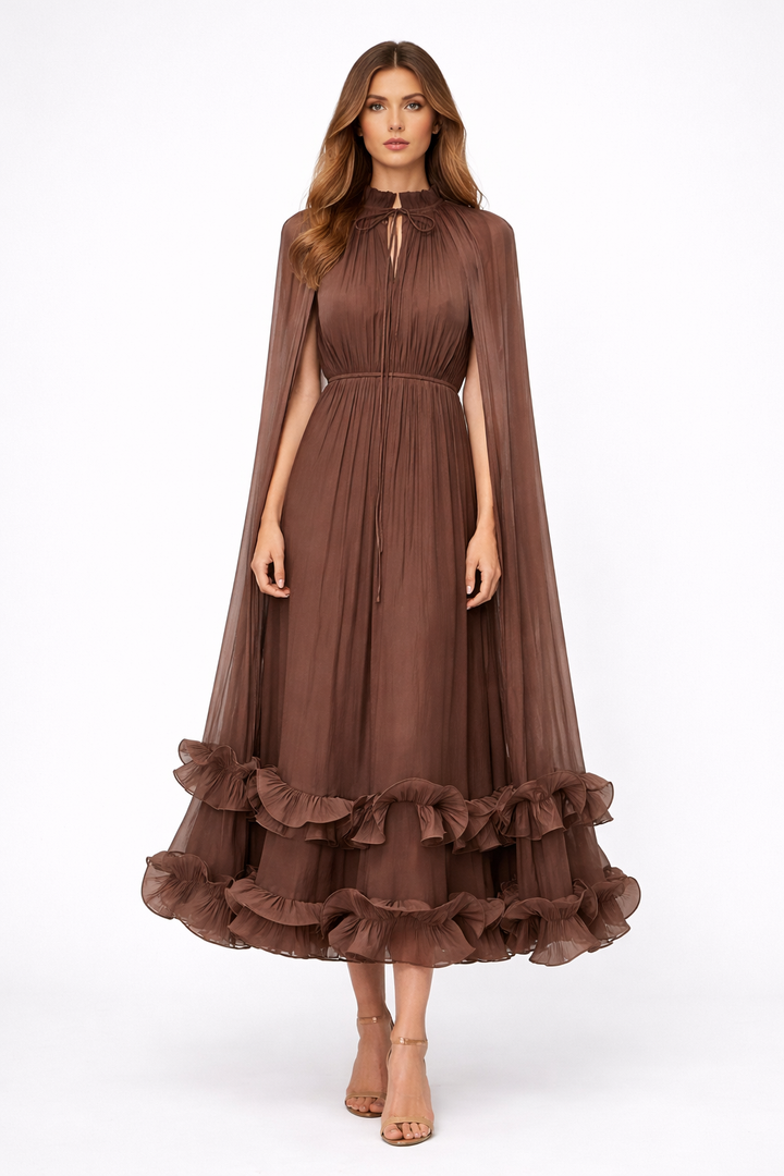 sheer pleated midi dress with cape sleeves and ruffled hem – AZURA